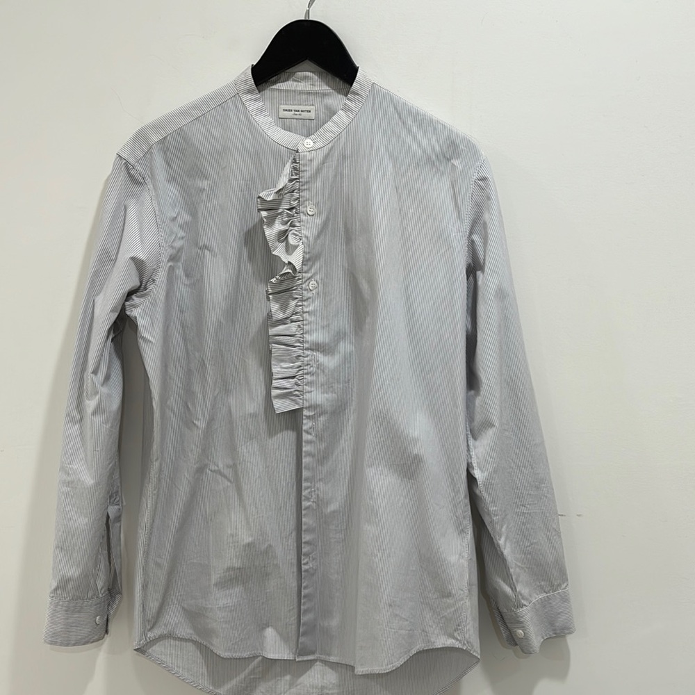 Dries Van Noten Gray Dress Shirt with Ruffle Detail